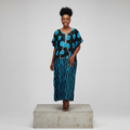 Nigerian female model wearing Navy Cyan Adire Print 3/4 Bubu Gown