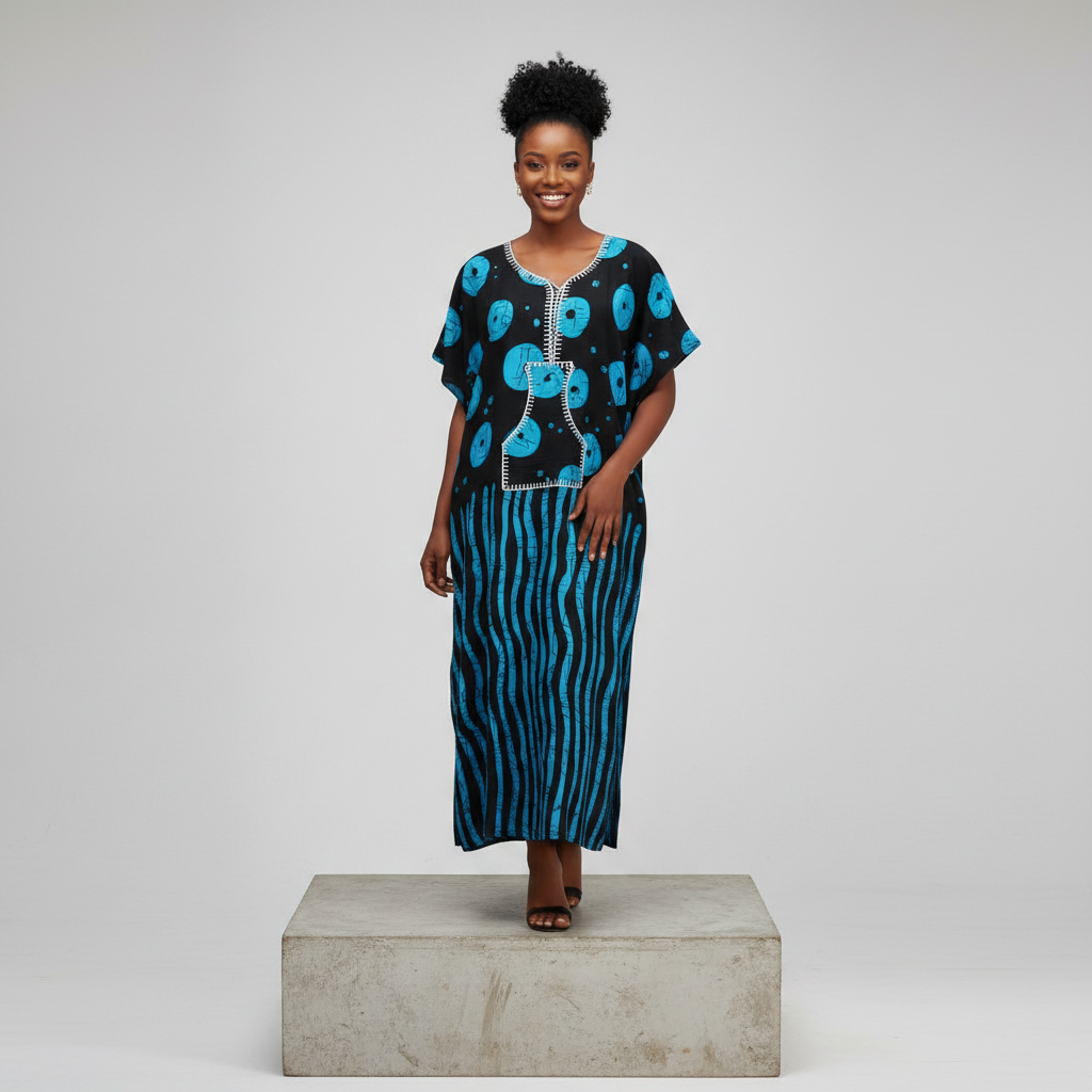 Nigerian female model wearing Navy Cyan Adire Print 3/4 Bubu Gown
