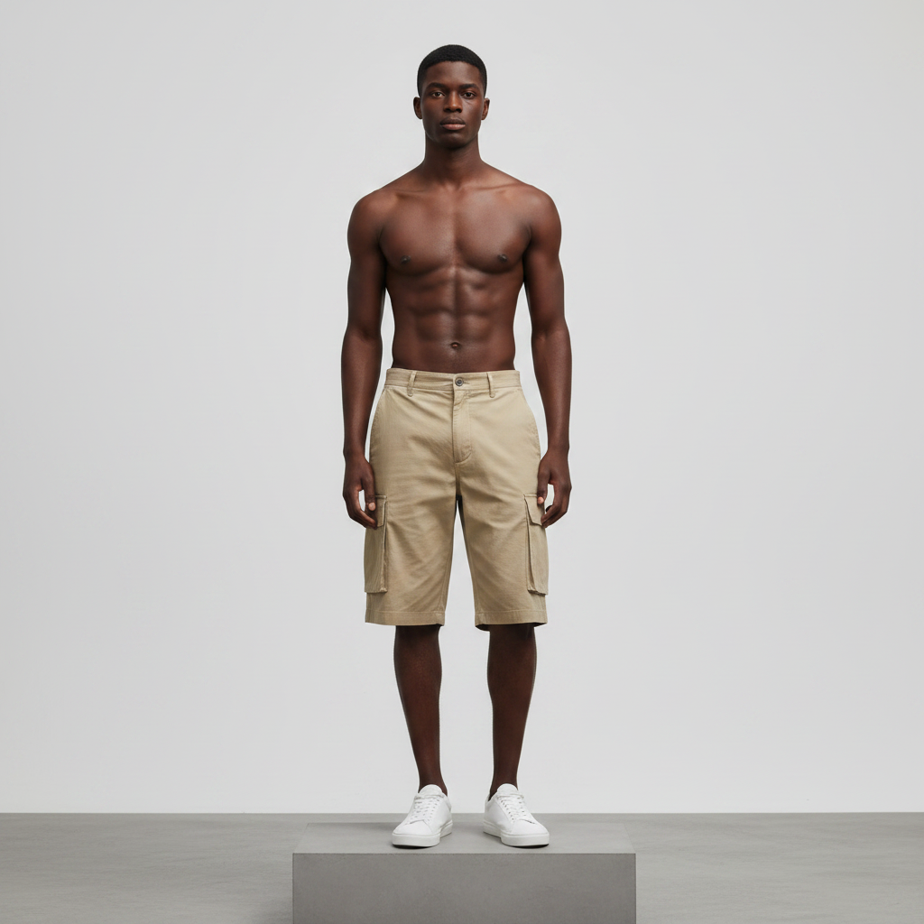 Khaki Cargo Shorts – Front Model