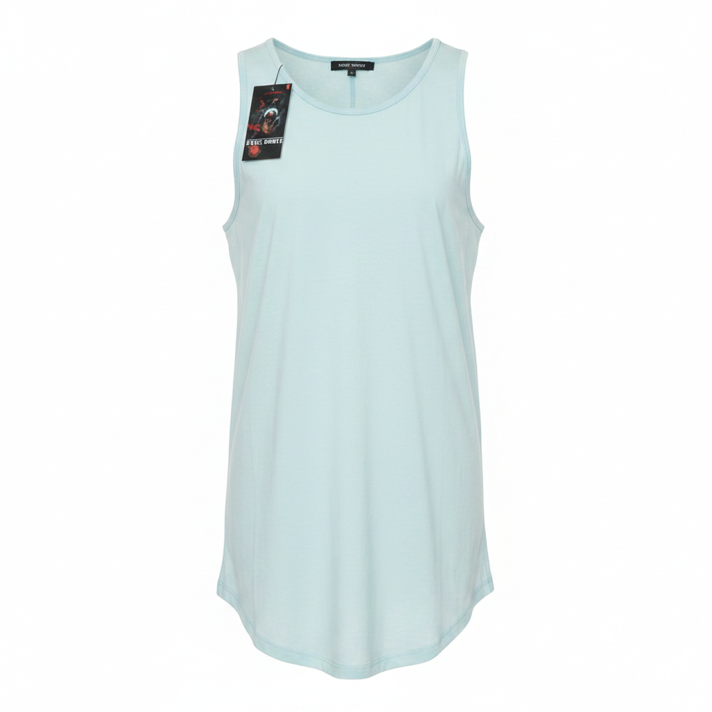 Sky blue sleeveless muscle vest on ghost mannequin, white background