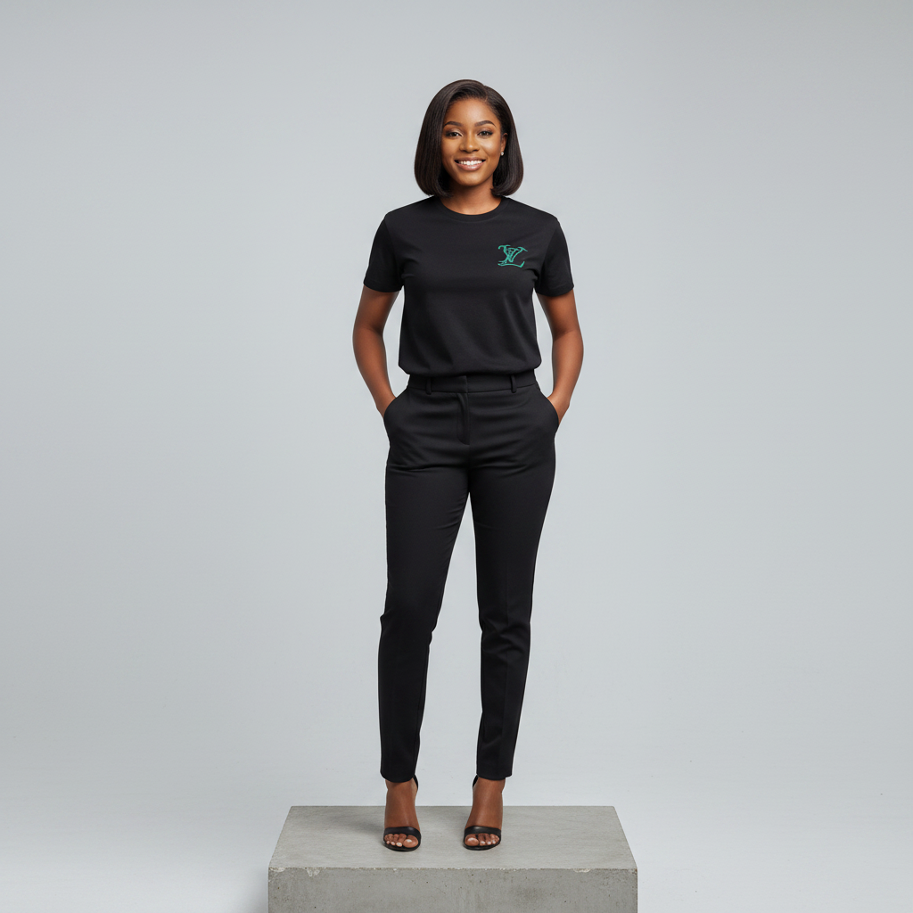 Nigerian female model front view wearing black teal embroidered monogram T-shirt