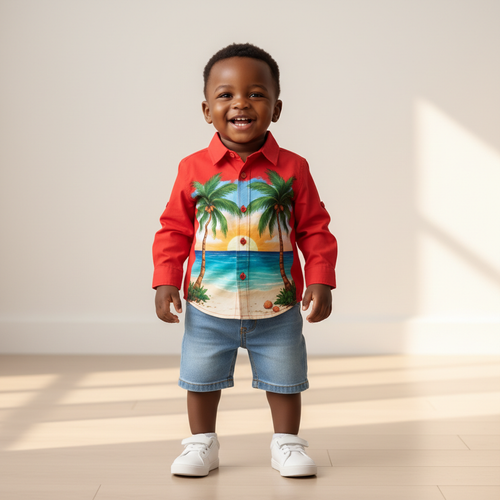 Nigerian toddler boy wearing red tropical print shirt - front view