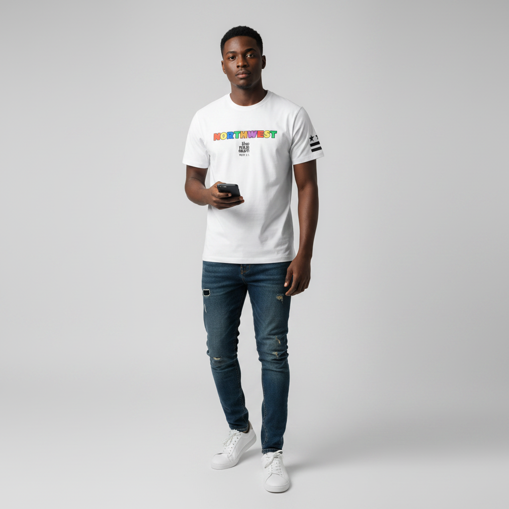 Young Nigerian male wearing white Northwest multicolor Wash DC graphic crew neck tee