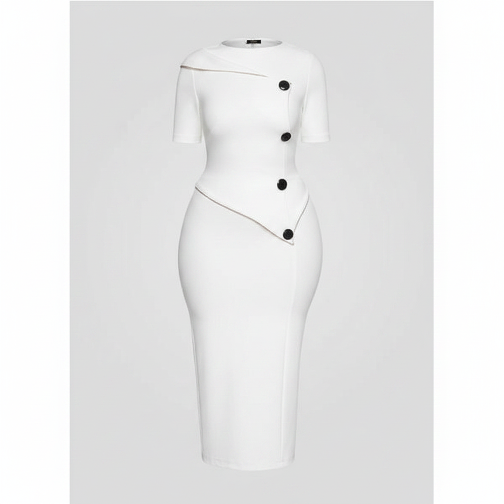 White buttoned bodycon midi dress, ghost mannequin