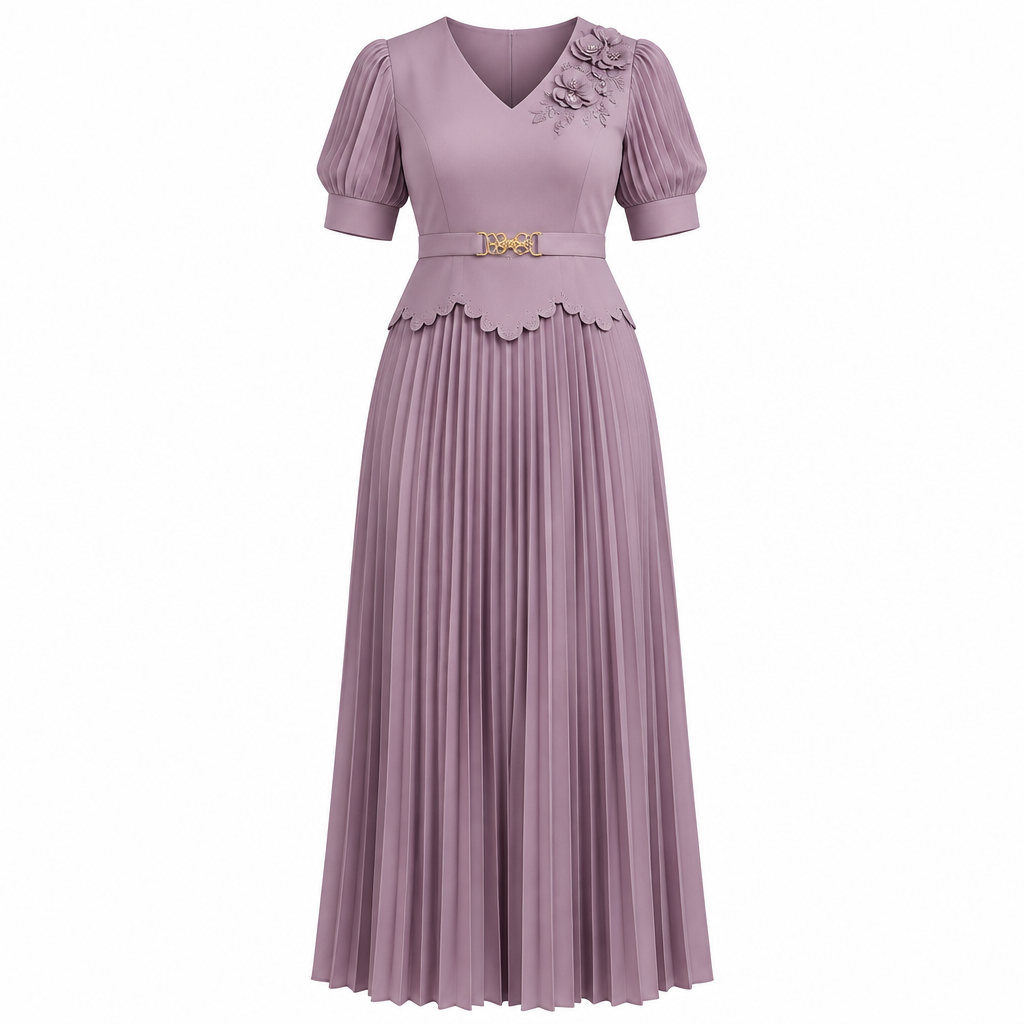 Lilac floral-shoulder pleated dress on white background