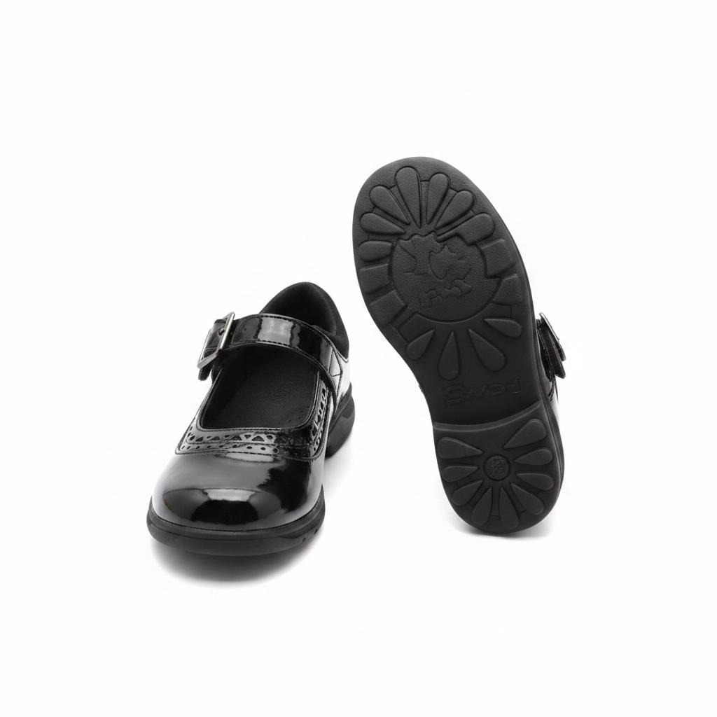 Girls' black patent Mary Jane school shoes with square buckle and brogue detail — ghost mannequin complete pair
