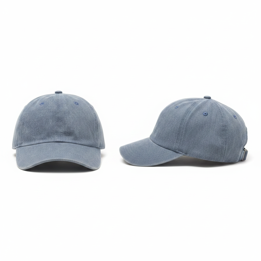 Faded light blue washed denim dad cap ghost mannequin front and side view
