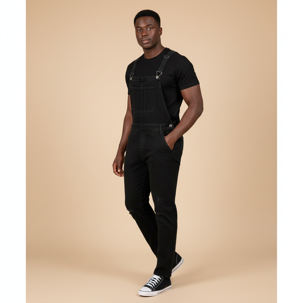Man wearing solid black denim bib overalls over a black t-shirt