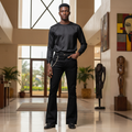 Black Flare Denim Jeans with Pearl Trim & Chain – Model Shot
