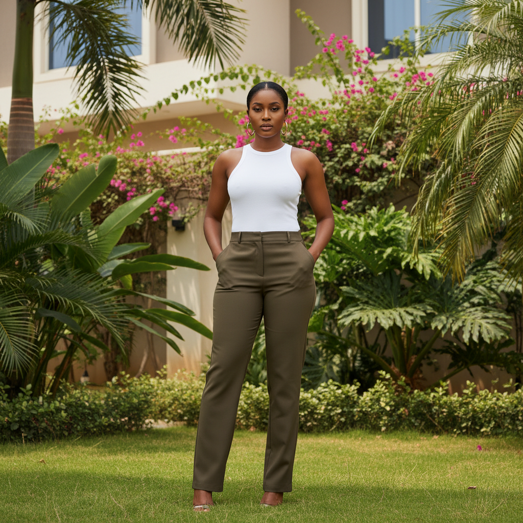 Model shot — Women's Olive Straight-Leg Trousers