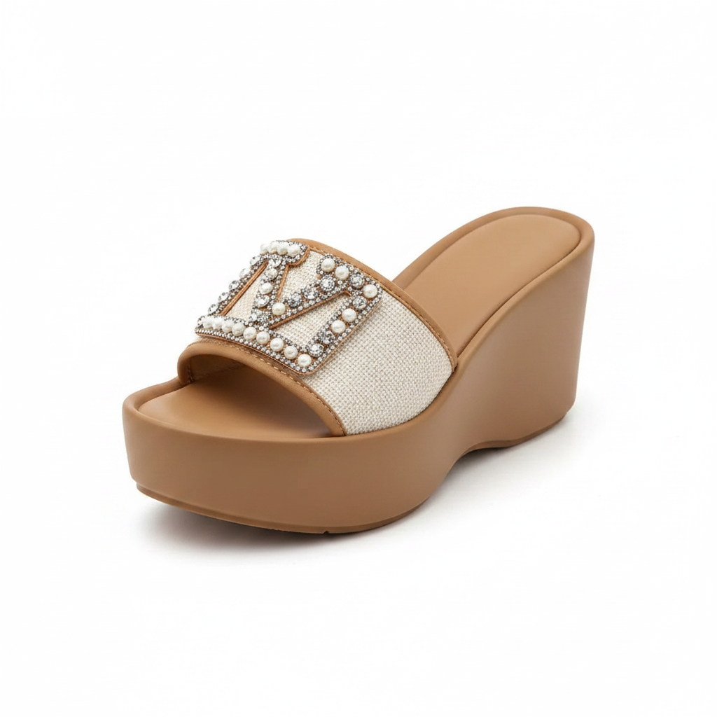 Women's tan rhinestone buckle wedge slide slipper — ghost mannequin view