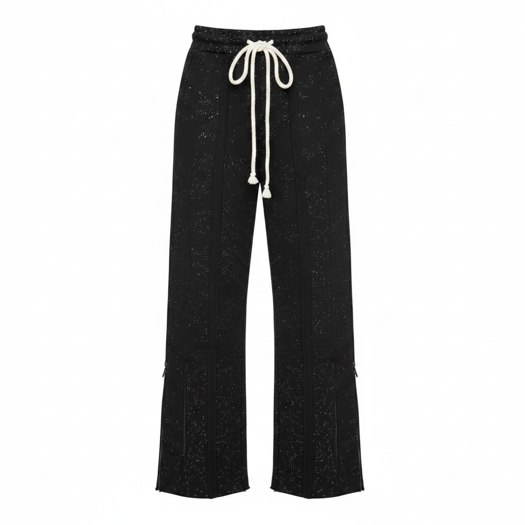 Black Glitter Wide-Leg Jogger Pants – Front Ghost Mannequin