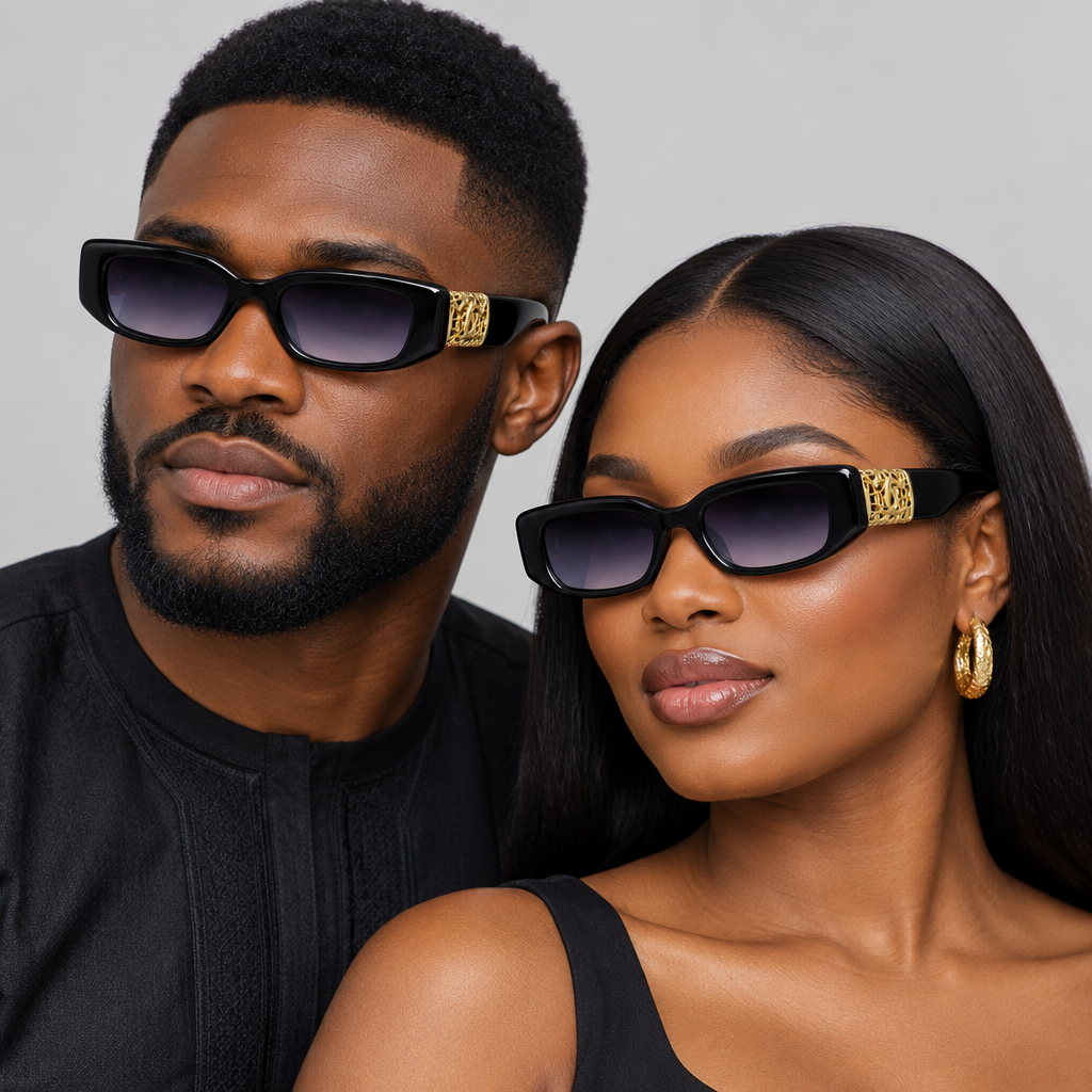 AI-generated adults wearing black rectangular sunglasses