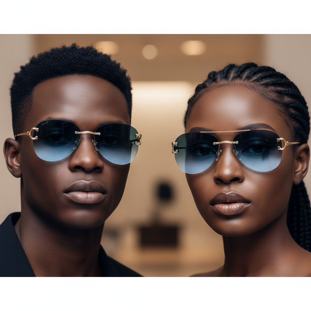 Nigerian male and female models wearing rimless rectangular sunglasses gradient blue lens slim gold ornate bridge black acetate tip arms
