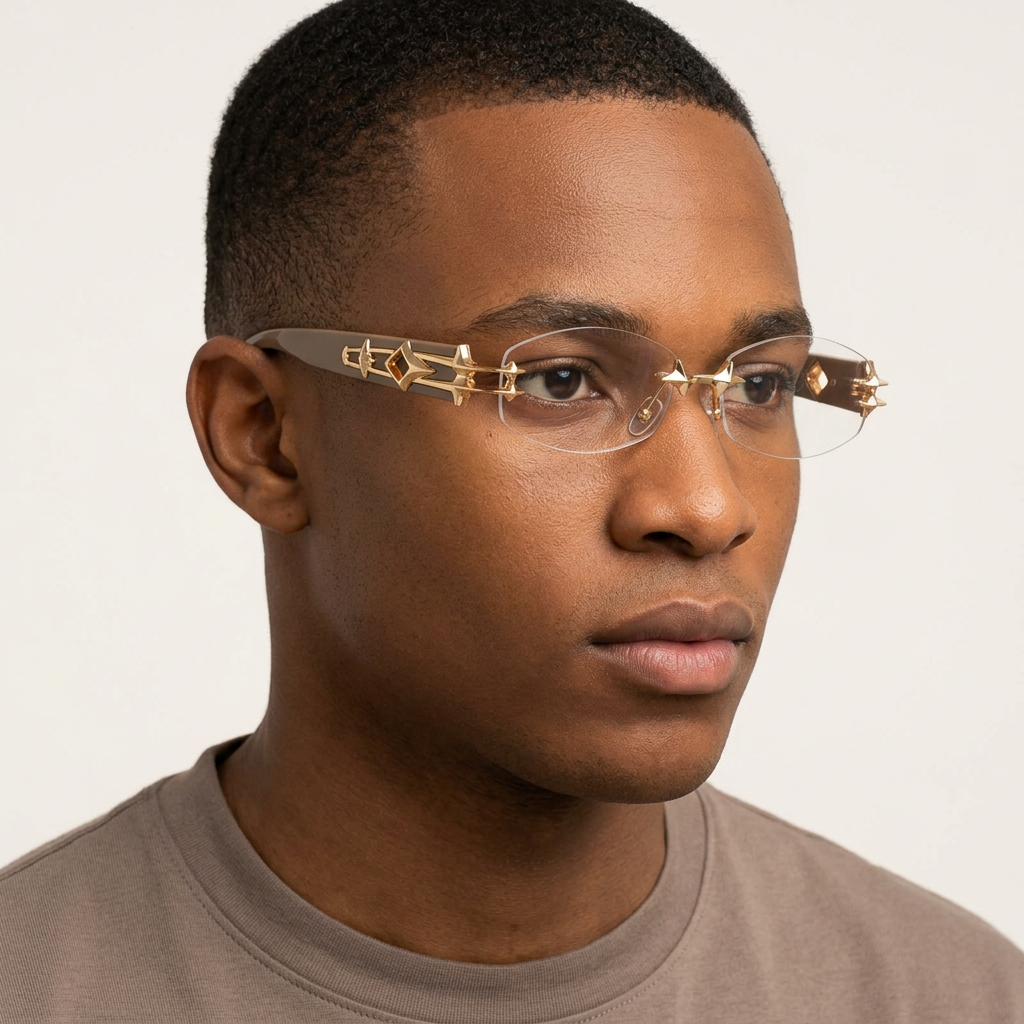 Clear rimless gold-tone link glasses worn by a male model