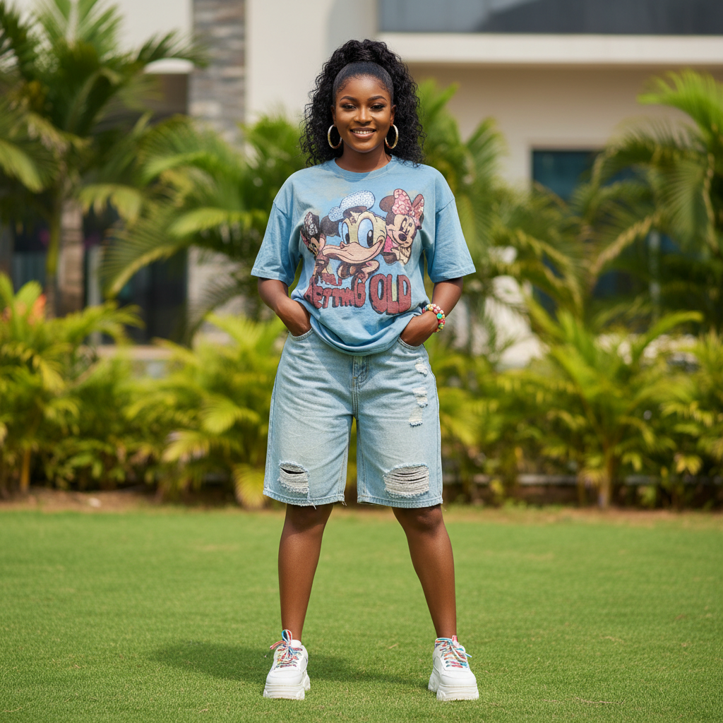 Women's Blue Disney Graphic Bleach Wash Tee — Model Shot