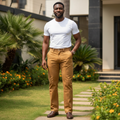Nigerian male model wearing Men's Light Golden Brown Multi-Panel Chino Trousers