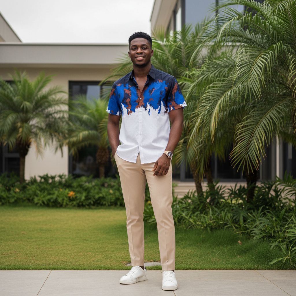 Nigerian male model wearing navy abstract paint-splash short-sleeve shirt