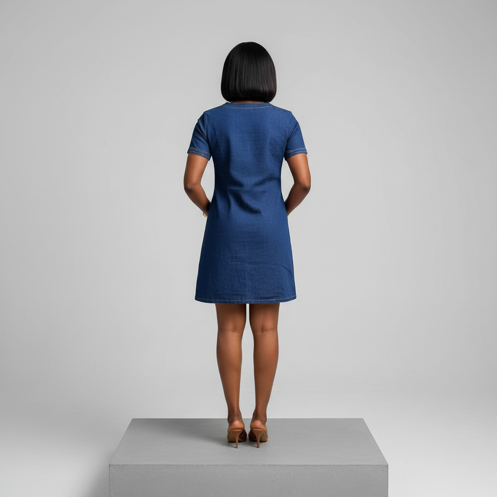 Dark Blue Denim V-Notch Mini Dress – Back Model