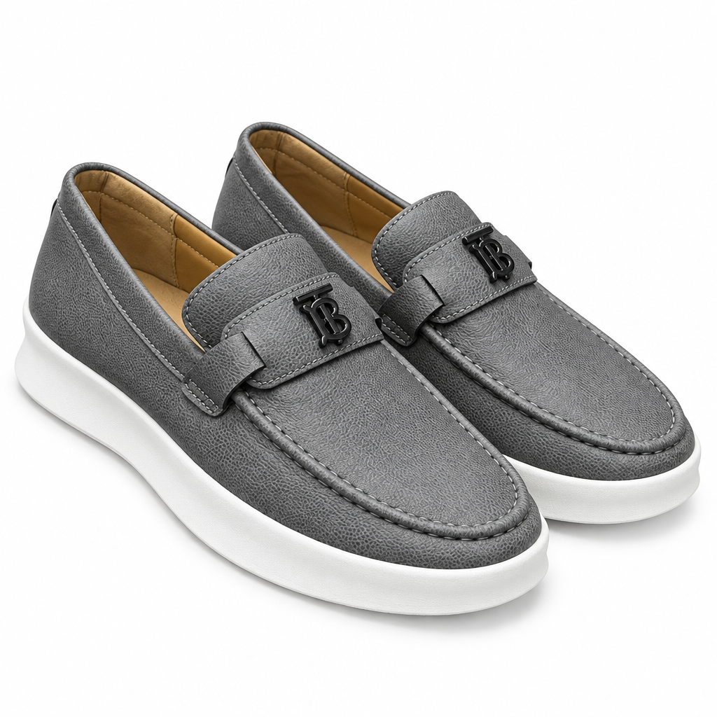 Grey pebbled monogram strap loafer sneakers pair