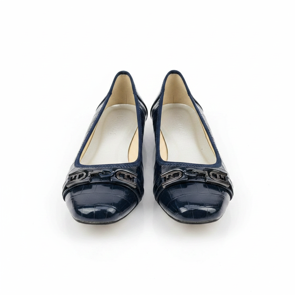 Women's navy blue croc flat pumps with bar buckle – ghost mannequin pair