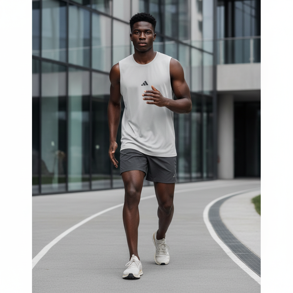 Adidas light grey sleeveless sport vest on male model