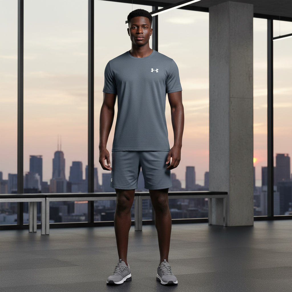 Under Armour steel blue short-sleeve athletic T-shirt on male model