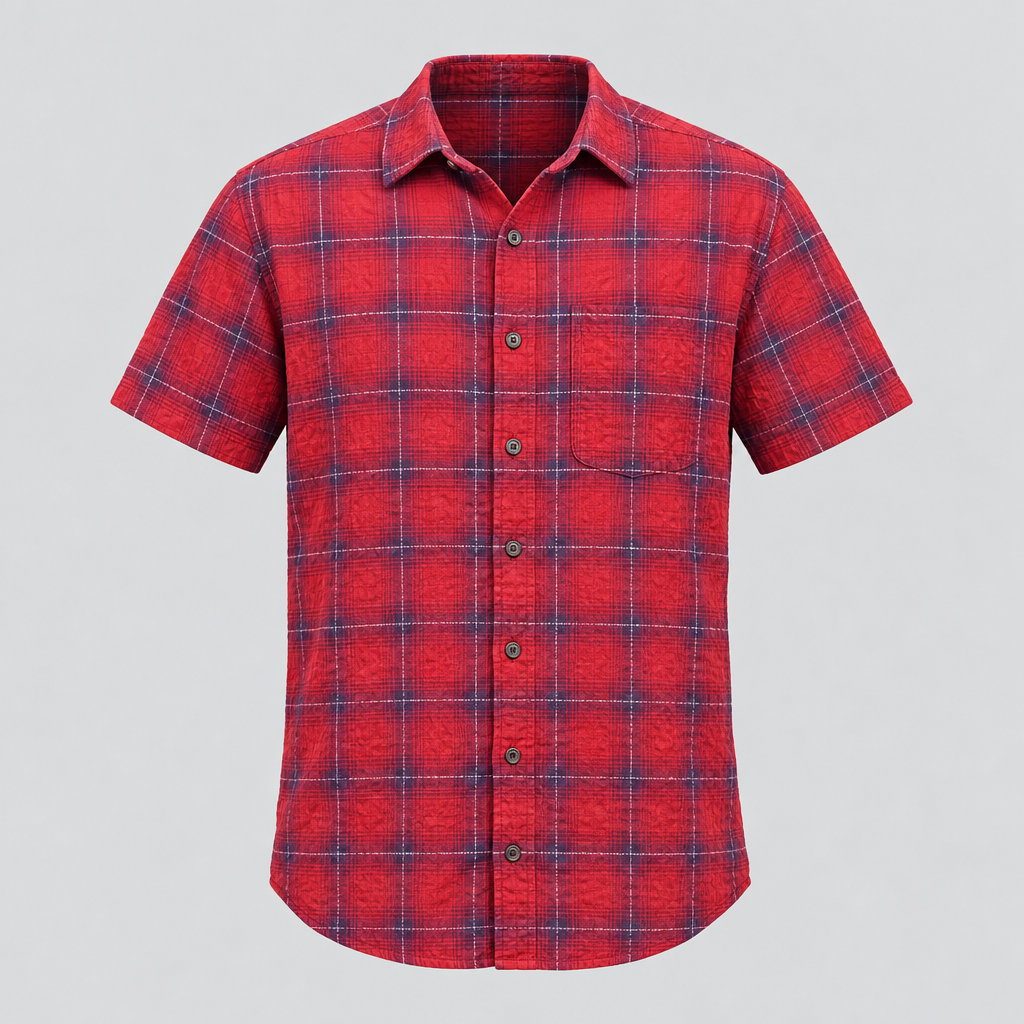 Red and navy checked short-sleeve shirt ghost mannequin front view