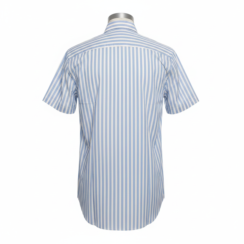 Ghost mannequin back view of white sky blue stripe short-sleeved shirt