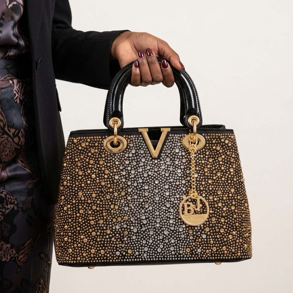 AI-generated black studded handbag held by a hand with burgundy-painted nails