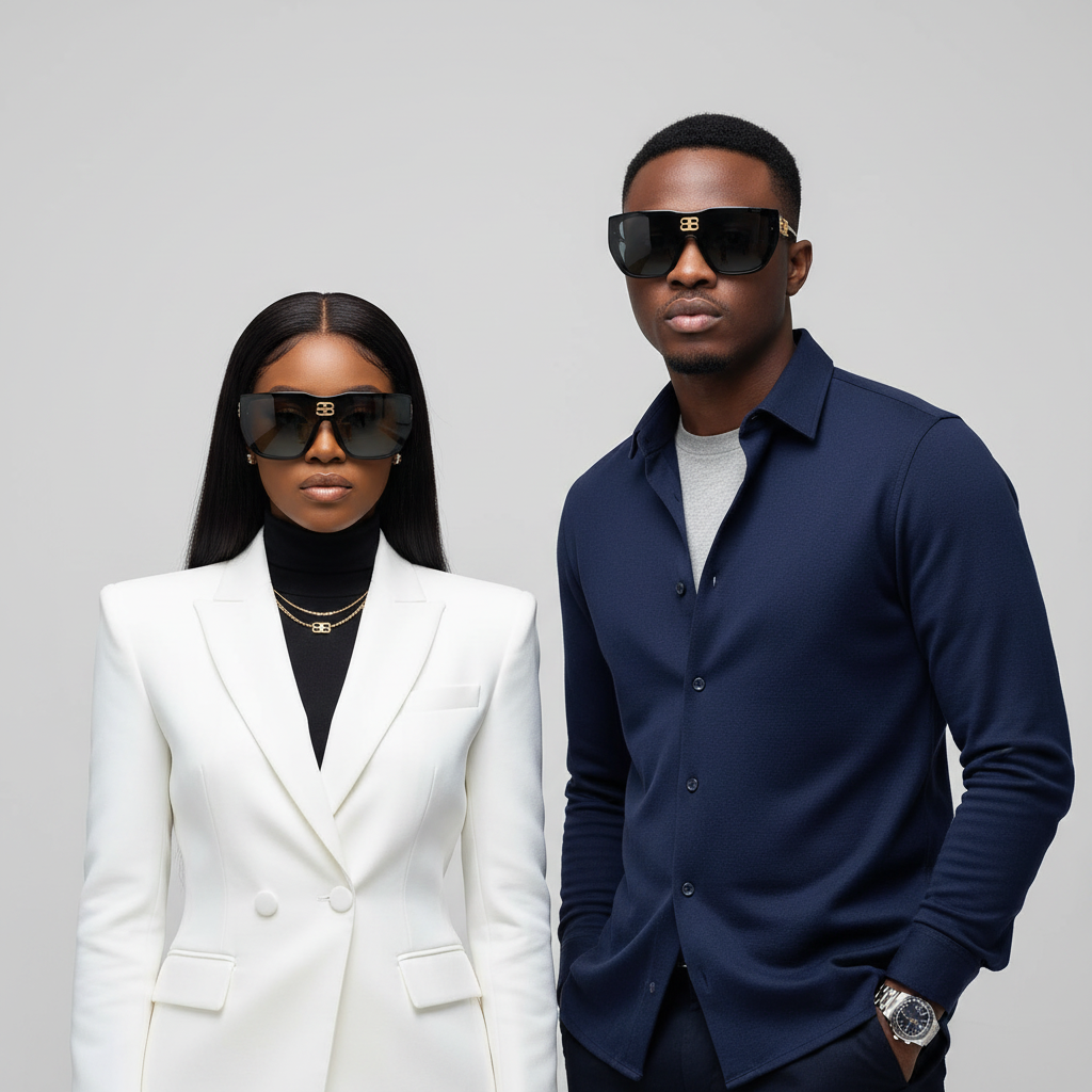 Nigerian female with sleek weavon and male model wearing oversized shield visor sunglasses with black brow and gold logo – editorial medium shot professional grey background