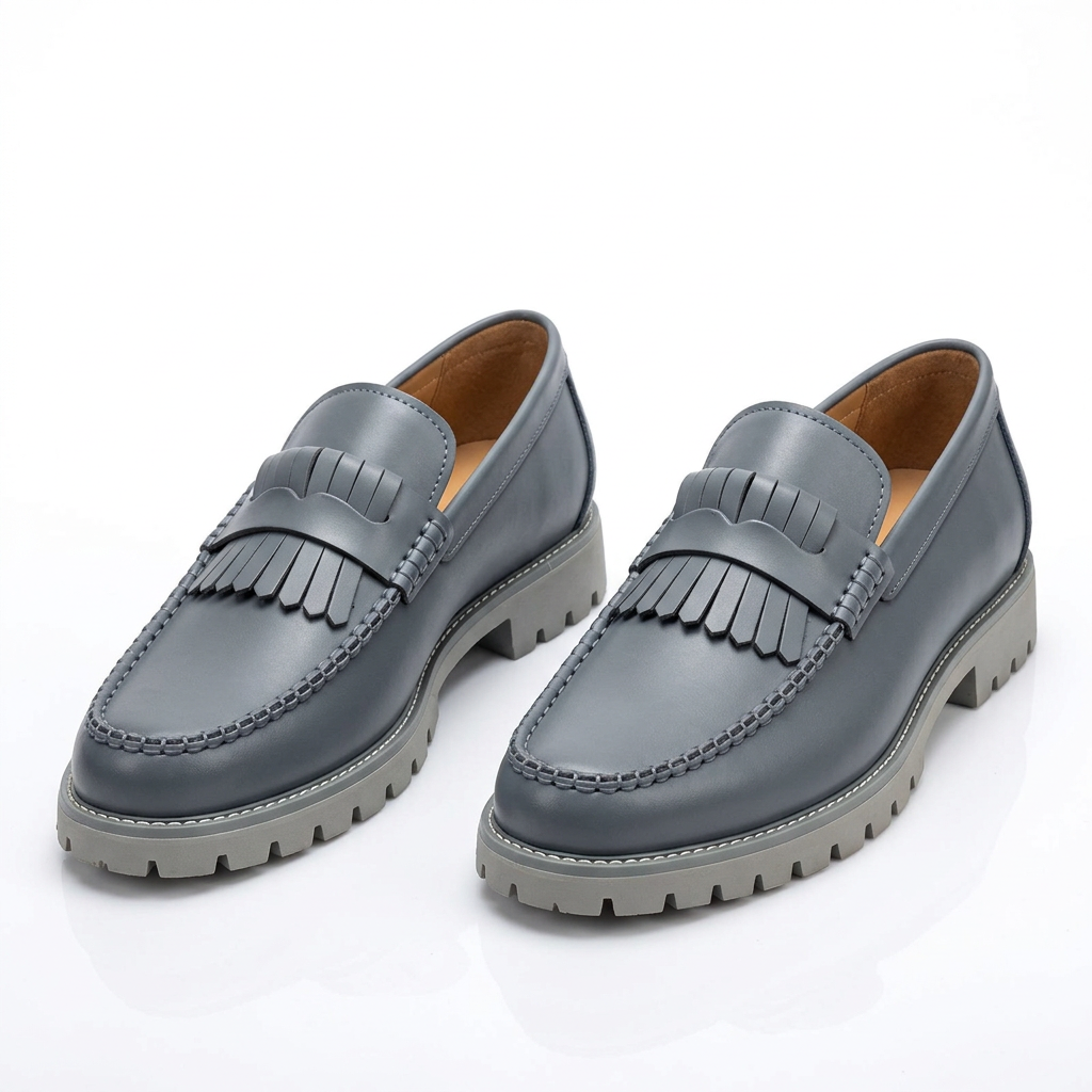 Pair of slate grey fringe loafers with lighter grey lug soles on white