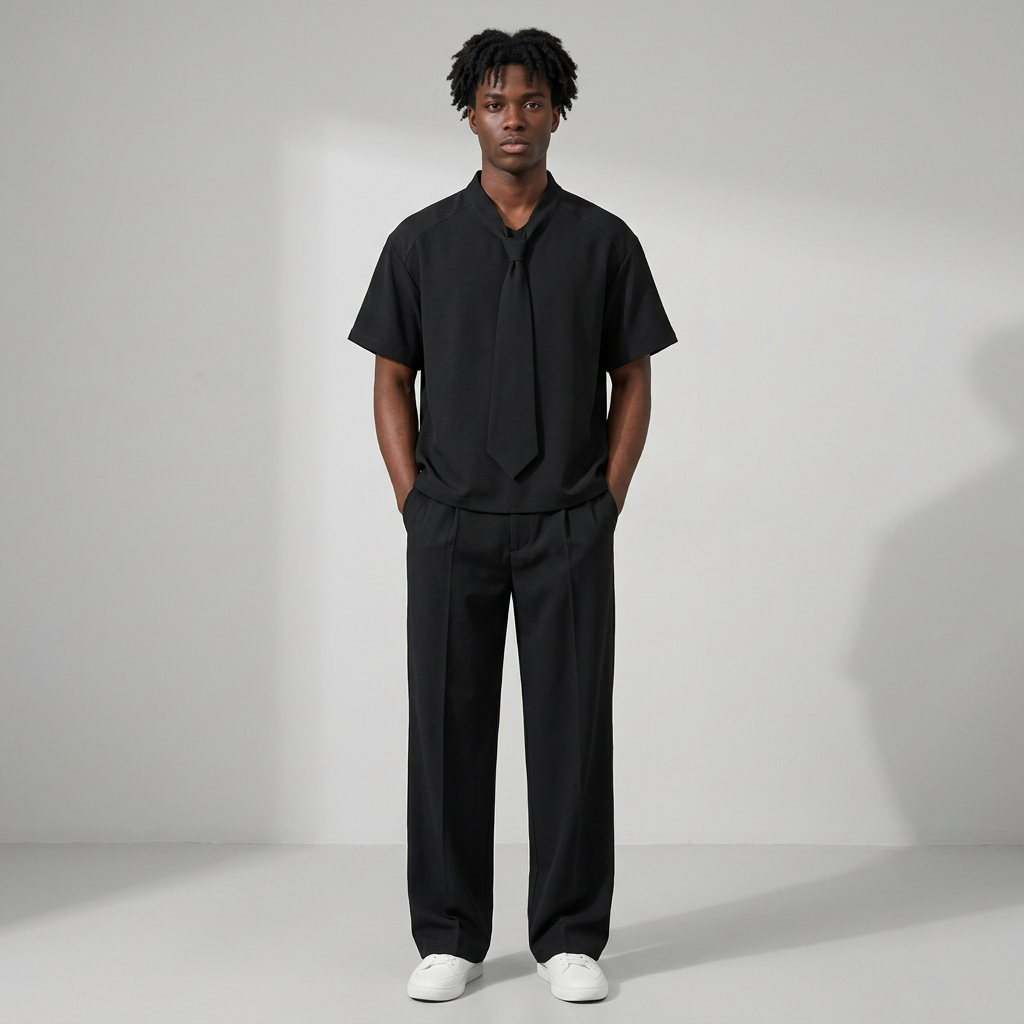 Nigerian male model wearing black tie-neck shirt and wide-leg trouser set
