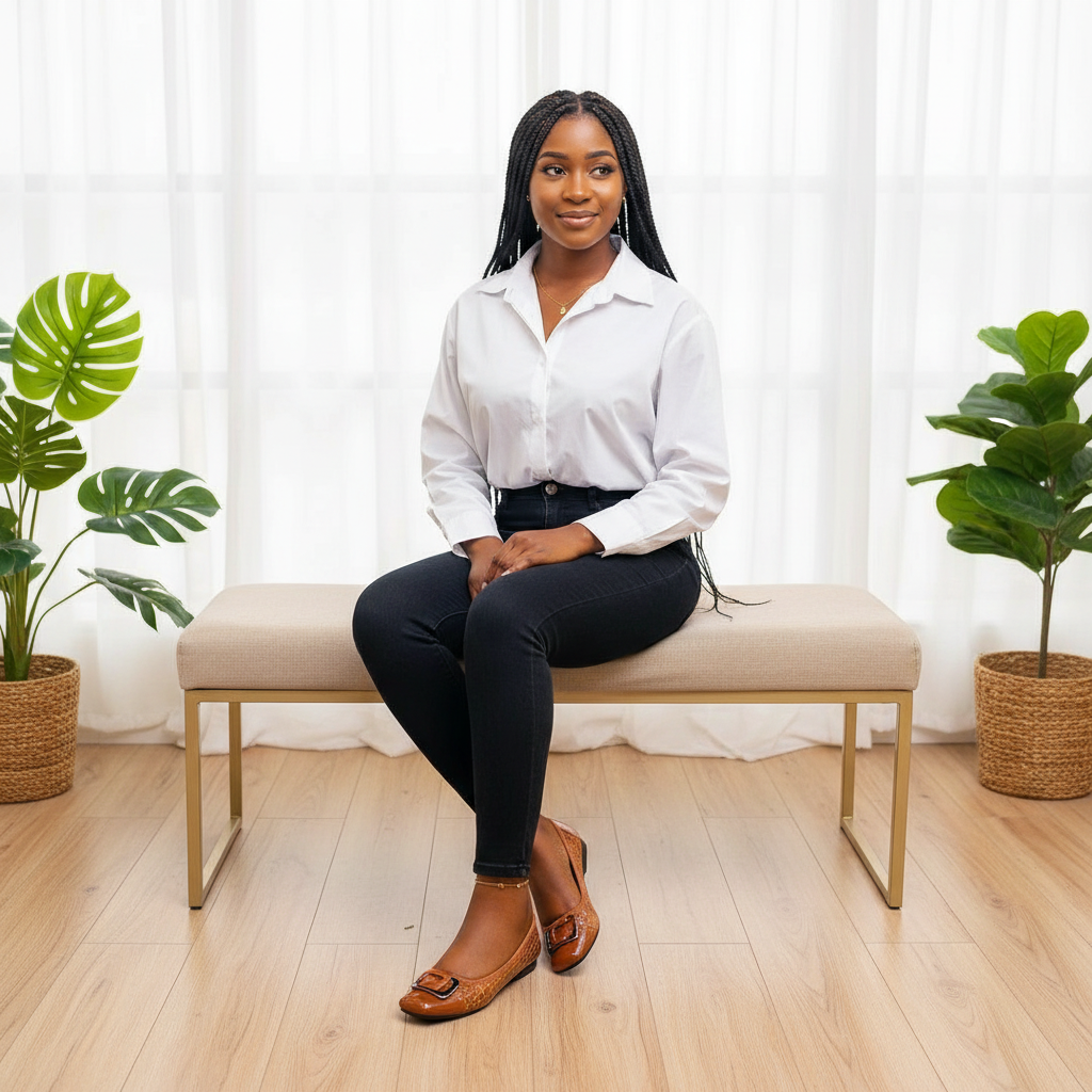 Nigerian female model seated wearing tan croc-embossed patent ballet flats with square silver buckle detail
