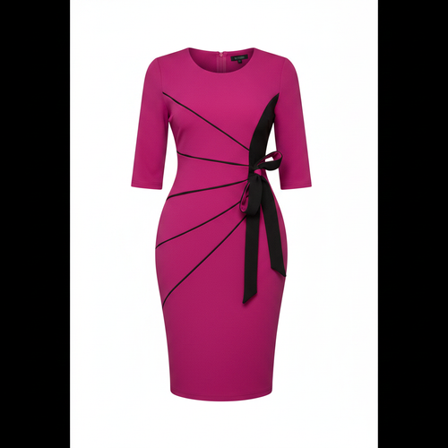 Ghost mannequin view of Women's Magenta Diagonal-Panel Black Bow-Tie 3/4 Sleeve Bodycon Midi Dress