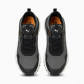 Pair of black and charcoal mesh lace-up sneakers with orange insoles