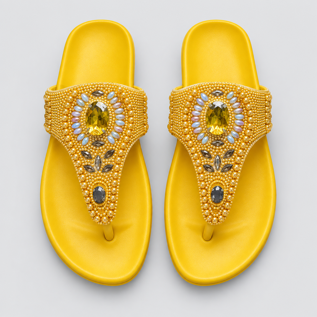 Pair of yellow gold-beaded thong sandals