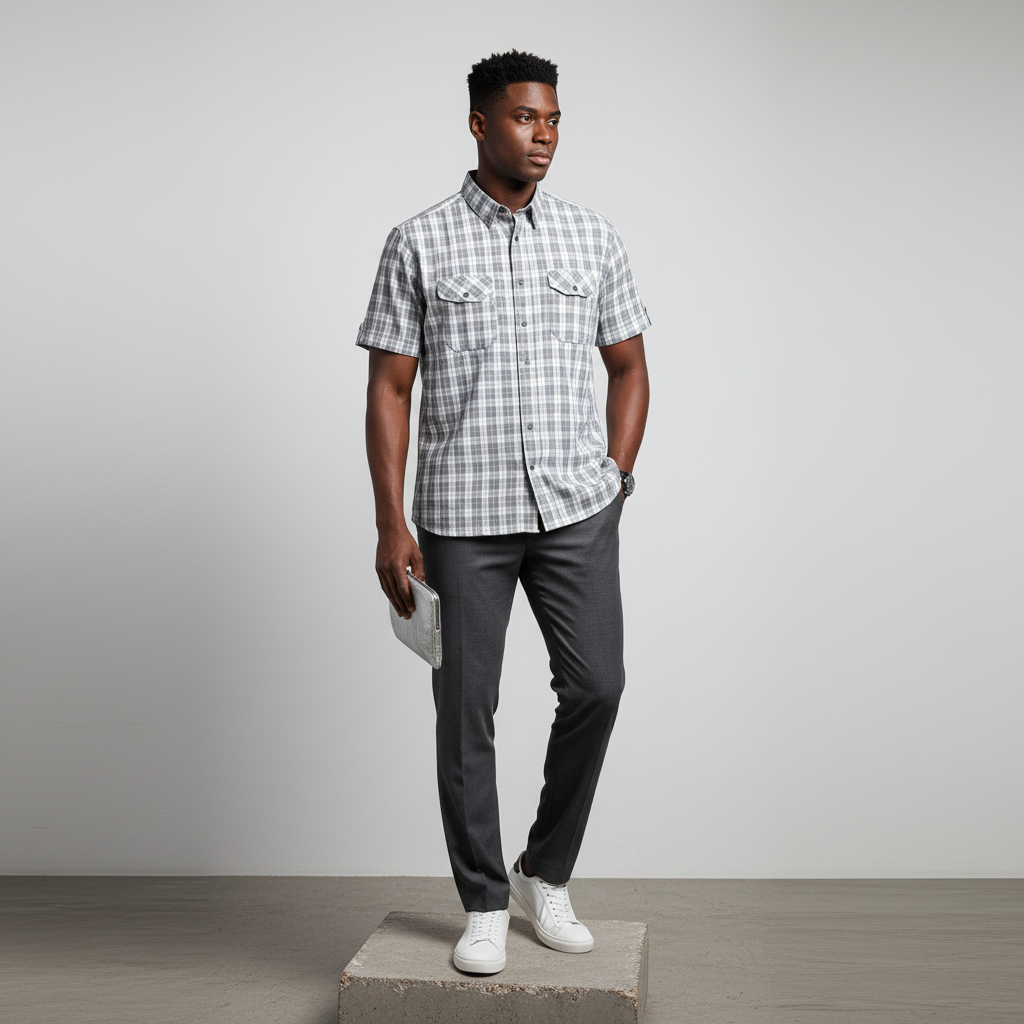 Grey White Plaid Short-Sleeved Shirt - Model Shot