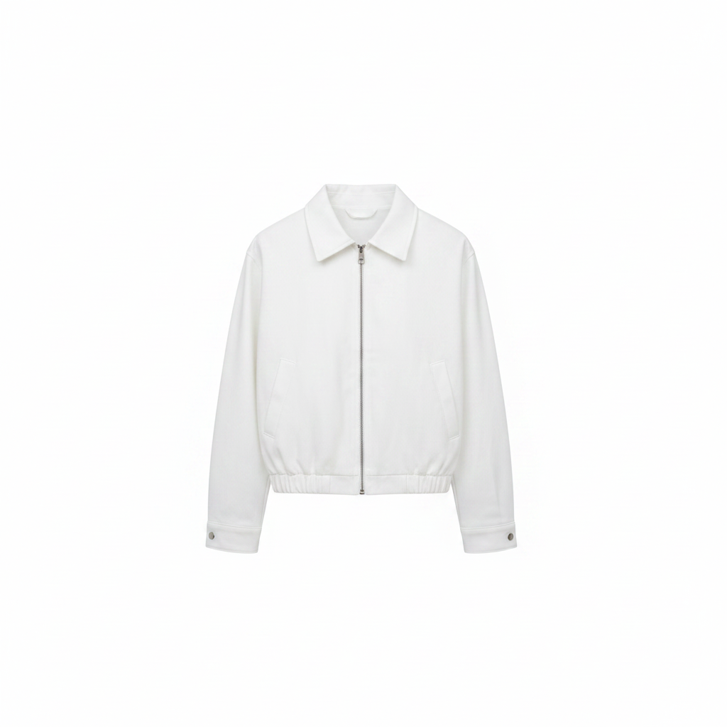Men's white cropped zip-up bomber jacket – ghost mannequin front view