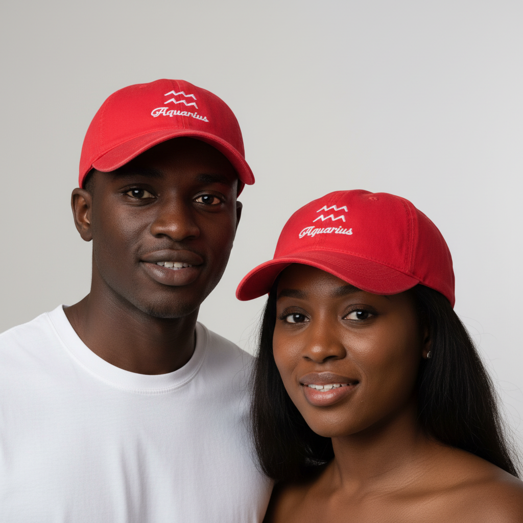 Nigerian male and female models wearing bright red Aquarius zodiac embroidered dad cap