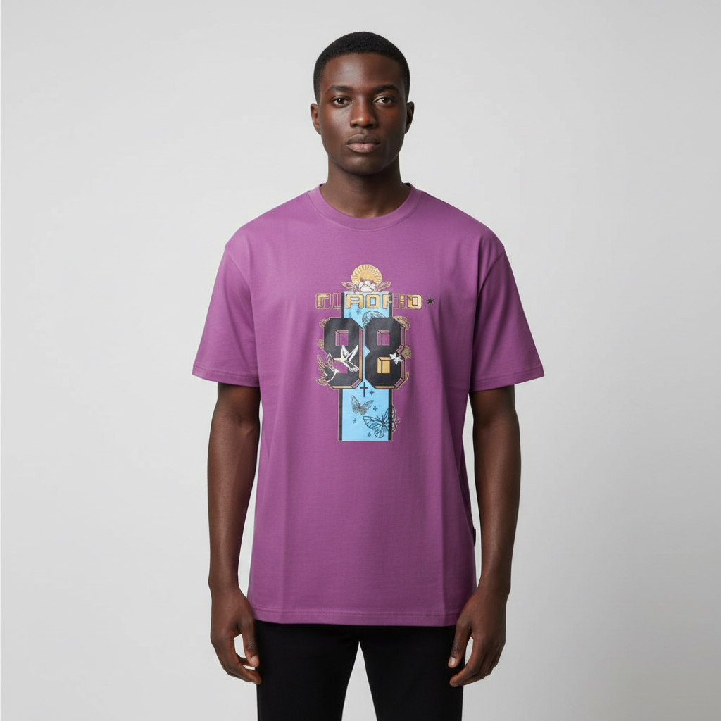 Black Nigerian male model wearing a purple 89 graphic T-shirt