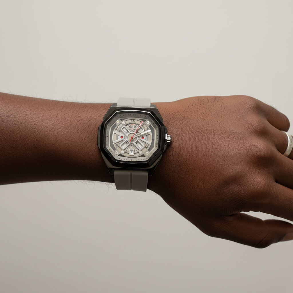 Grey strap skeleton-style wristwatch worn on a Black man's wrist