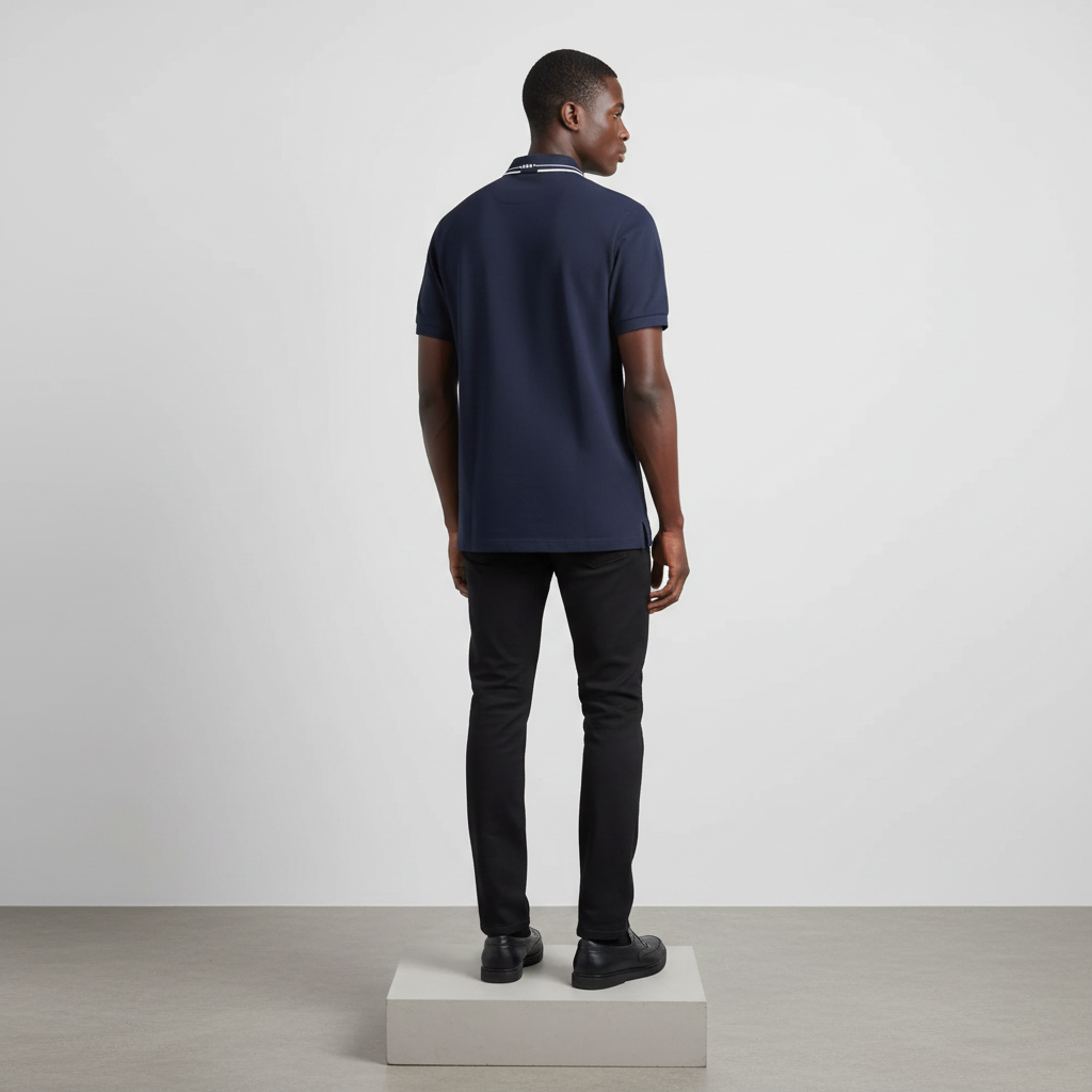 Nigerian male model wearing navy blue contrast-tipped polo shirt, back view