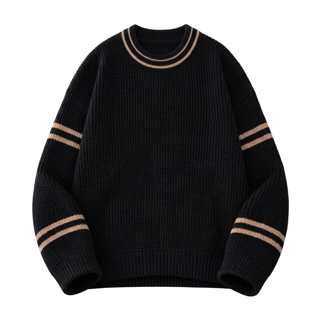 Black knit sweater with beige double stripes at the crew neckline and sleeves