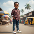 Young Nigerian boy wearing brown abstract block print long sleeve shirt