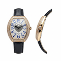 Women's gold diamond bezel blue numeral crystal heart dial tonneau watch — ghost mannequin front and side view, black leather strap