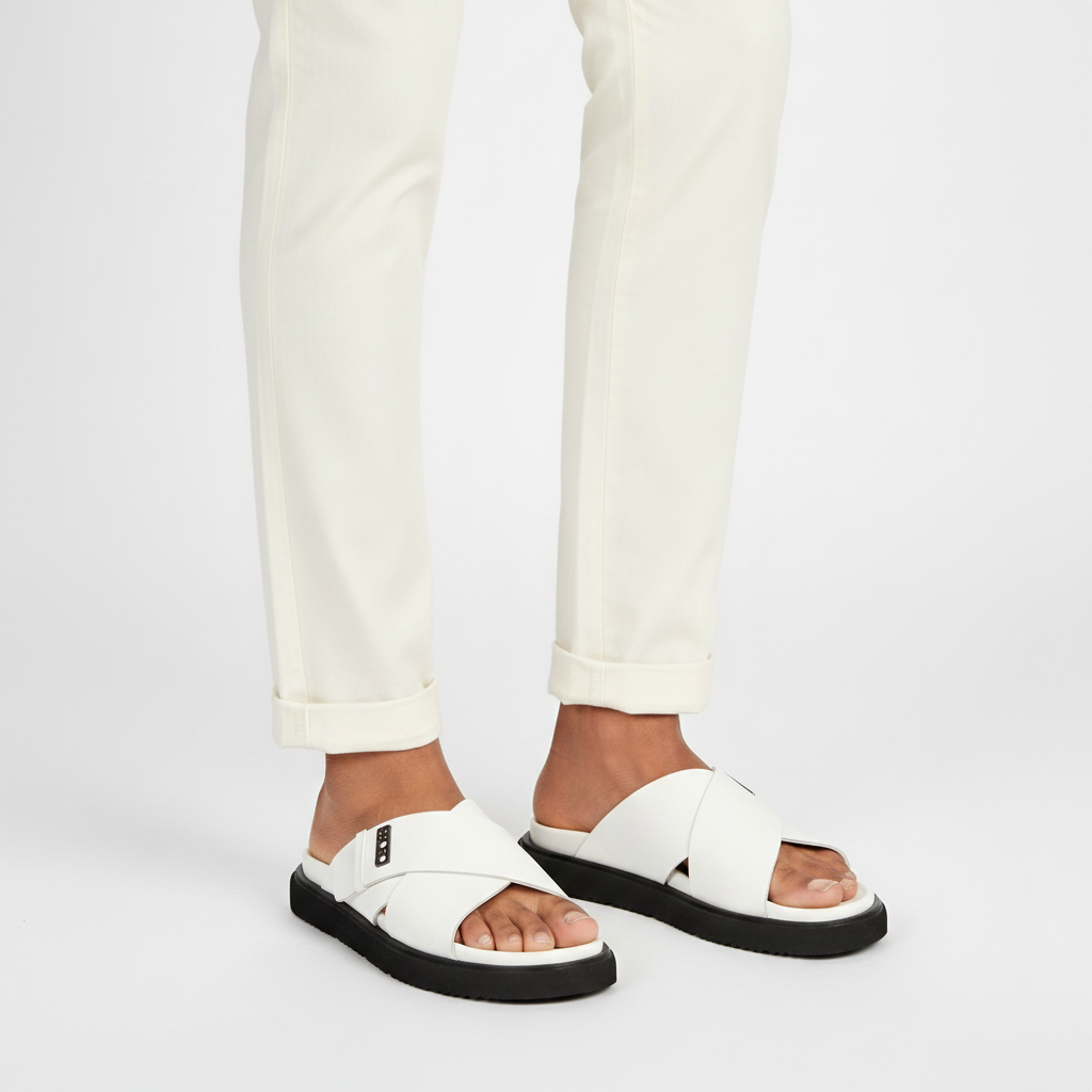 Close-up leg focus showing both men's white leather cross-strap slide sandals with cream trouser hem