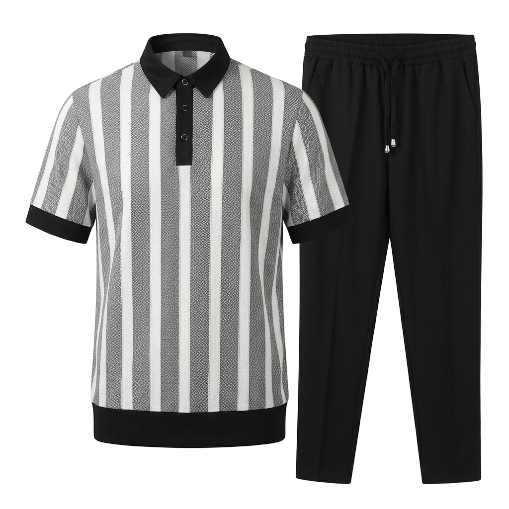 Grey striped polo and black trouser set on white background