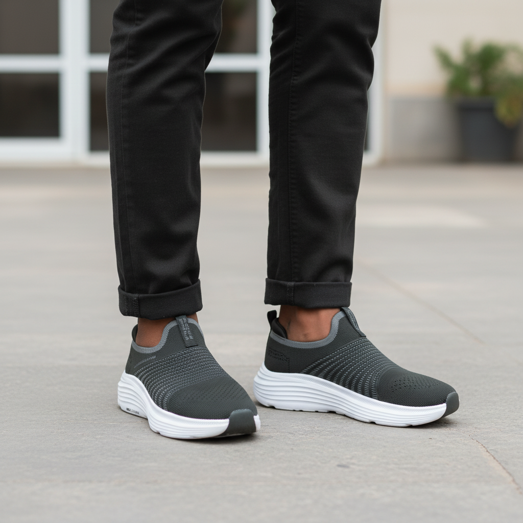 Nigerian male model wearing olive grey ribbed knit slip-on sneakers, Gen Z street style leg shot