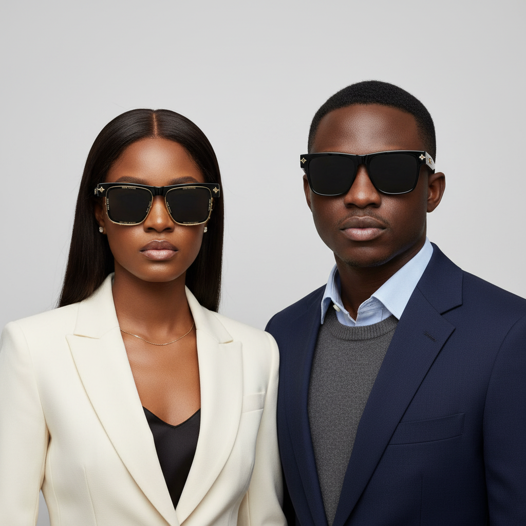Nigerian female with sleek weavon and male model wearing oversized square black frame gold rim sunglasses with dark grey lens – editorial medium shot professional grey background